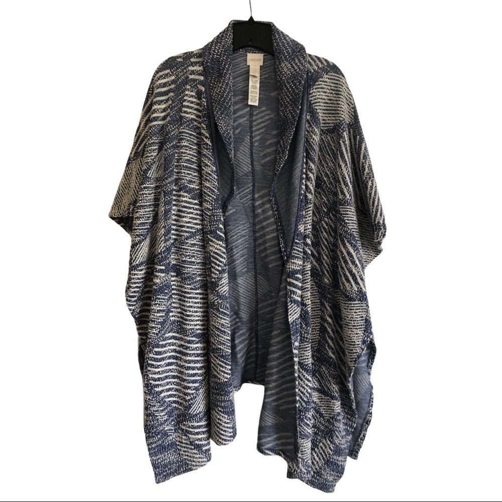Chicos Womens OS Open Front Geometric Knit Cardigan Shawl Wrap Blue White